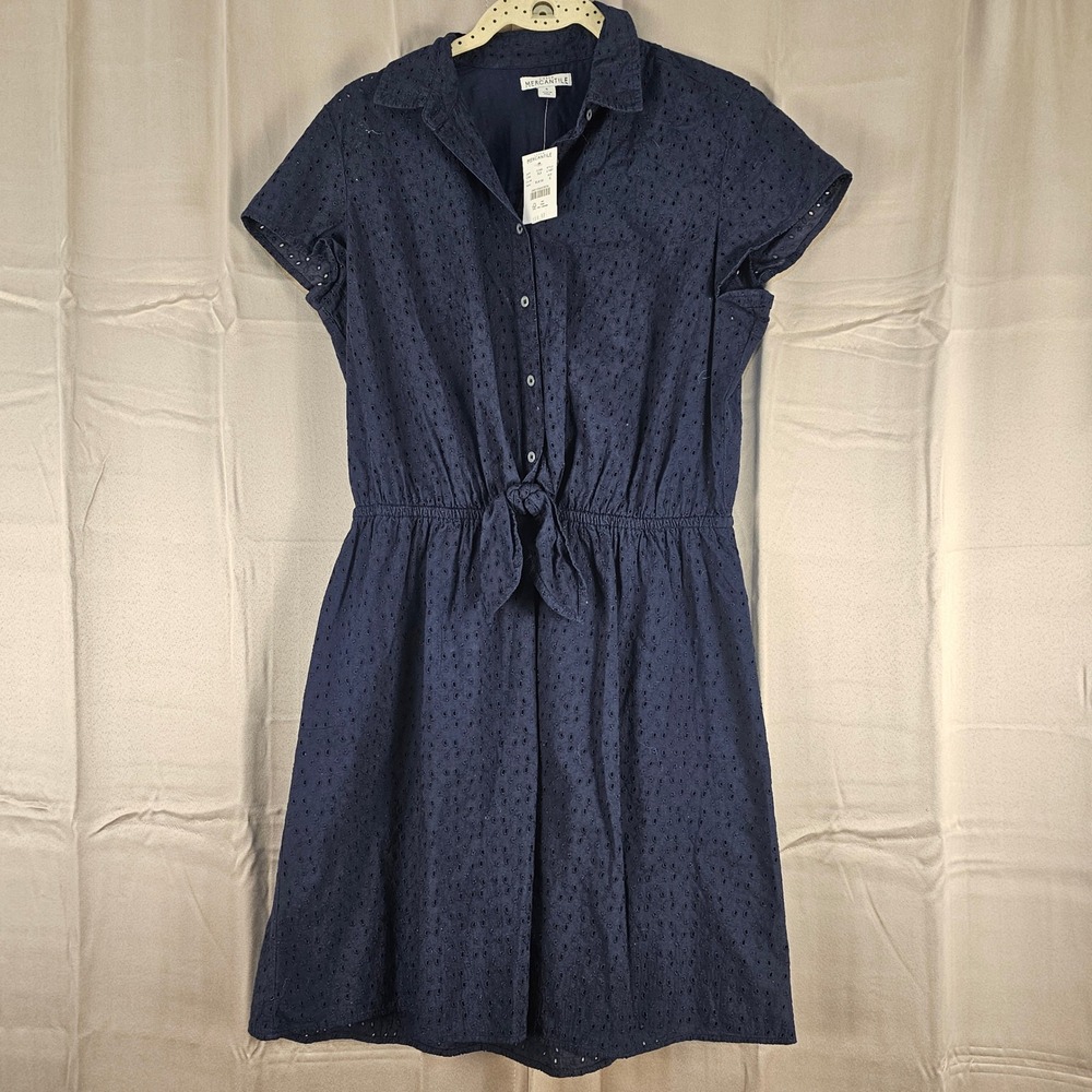 NWT J Crew‎ Mercantile Navy Short Sleeve Eyelet Collared Tie Front Dress Small